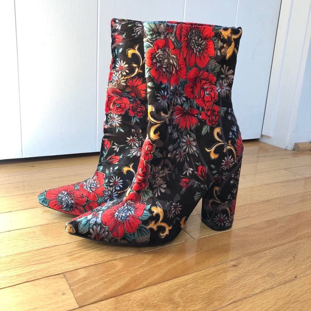 Velvet Floral Booties with block heel